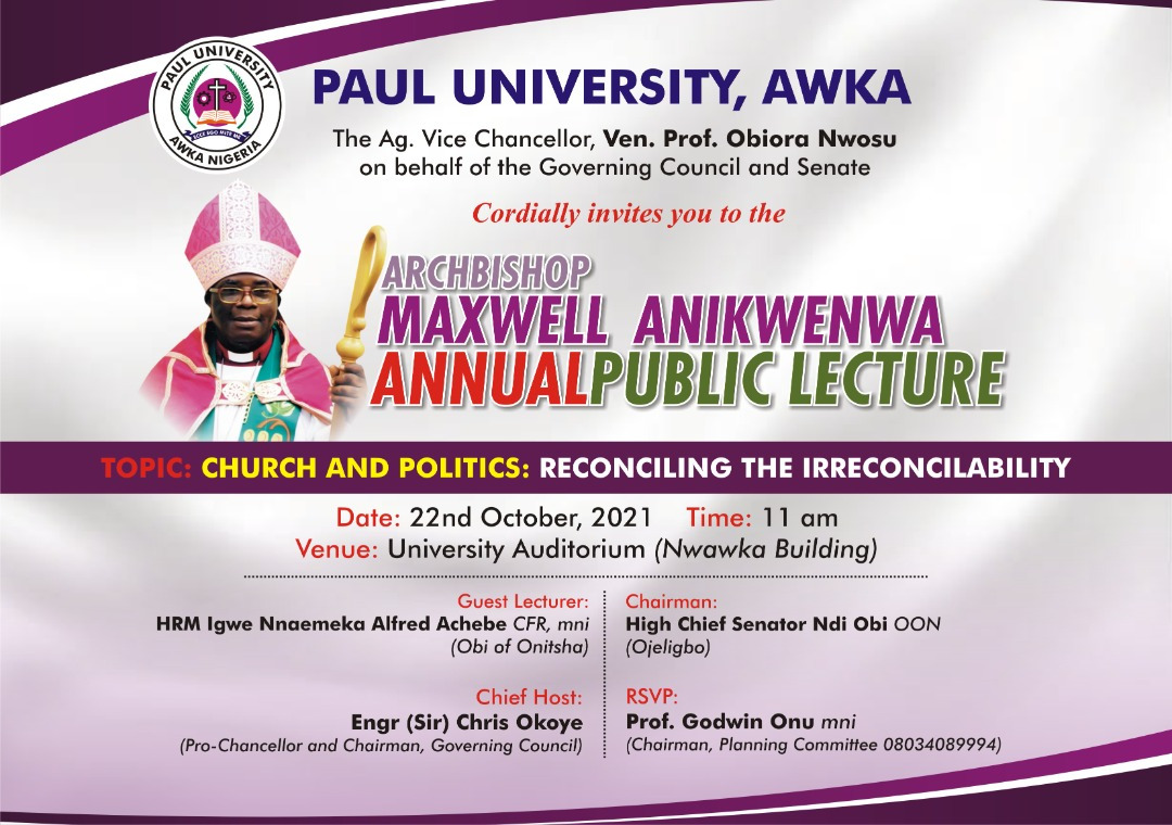 UPCOMING ANNUAL PUBLIC LECTURE BY ARCHBISHOP MAXWELL ANIKWENWA